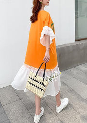 DIY patchwork cotton summerclothes For Women Tunic Tops yellow alphabet prints long Dress - bagstylebliss