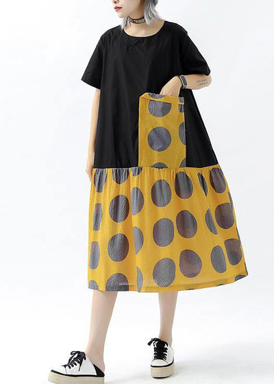 DIY patchwork pockets cotton linen clothes Women design yellow dotted Dresses summer - bagstylebliss