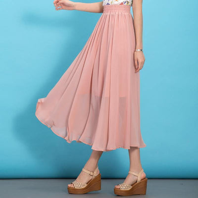 DIY pink elastic waist chiffon clothes big hem Traveling summer Dresses - bagstylebliss