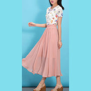DIY pink elastic waist chiffon clothes big hem Traveling summer Dresses - bagstylebliss