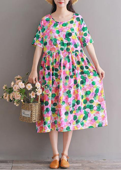 DIY pink prints Cotton clothes short sleeve tunic summer Dresses - bagstylebliss