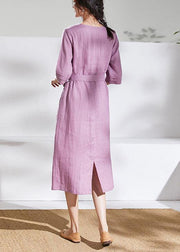 DIY pink purple linen dresses v neck tie waist shift summer Dresses - bagstylebliss