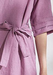 DIY pink purple linen dresses v neck tie waist shift summer Dresses - bagstylebliss