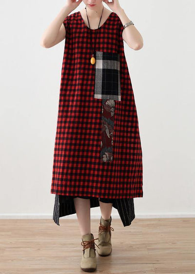 DIY plaid patchwork linen cotton Wardrobes Vintage Work Outfits sleeveless A Line summer Dress - bagstylebliss