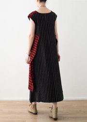 DIY plaid patchwork linen cotton Wardrobes Vintage Work Outfits sleeveless A Line summer Dress - bagstylebliss