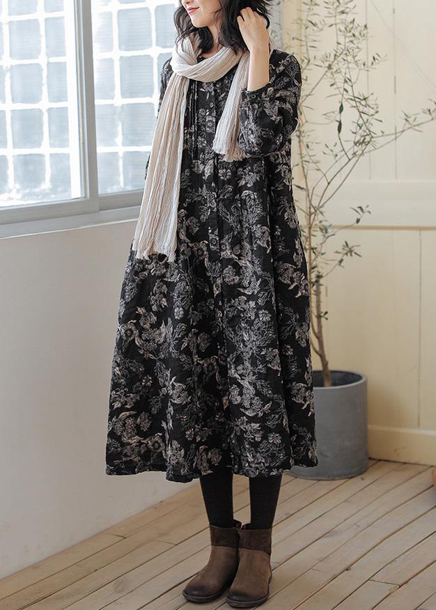 DIY print linen cotton outfit stand collar Cinched cotton fall Dress - bagstylebliss