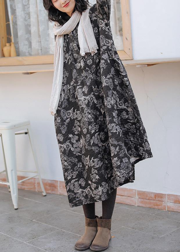 DIY print linen cotton outfit stand collar Cinched cotton fall Dress - bagstylebliss