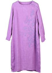 DIY purple linen Robes embroidery linen robes o neck Dresses - bagstylebliss