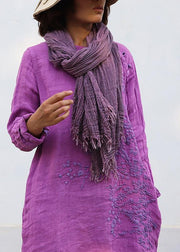 DIY purple linen Robes embroidery linen robes o neck Dresses - bagstylebliss