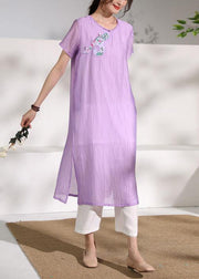 DIY purple linen clothes For Women o neck cotton side open Dress - bagstylebliss