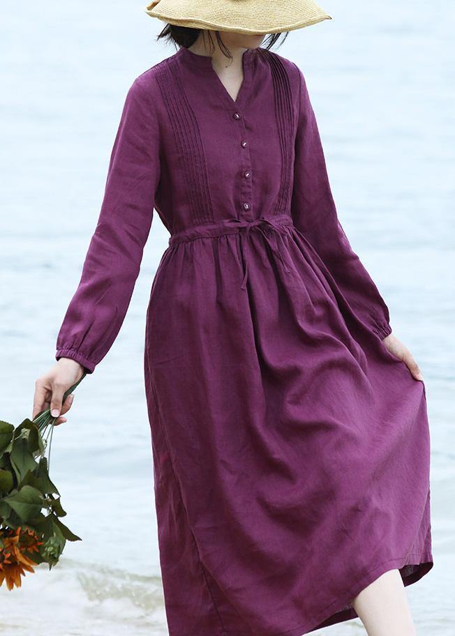 DIY purple linen dresses long sleeve Dresses v neck Dresses - bagstylebliss