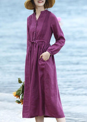 DIY purple linen dresses long sleeve Dresses v neck Dresses - bagstylebliss