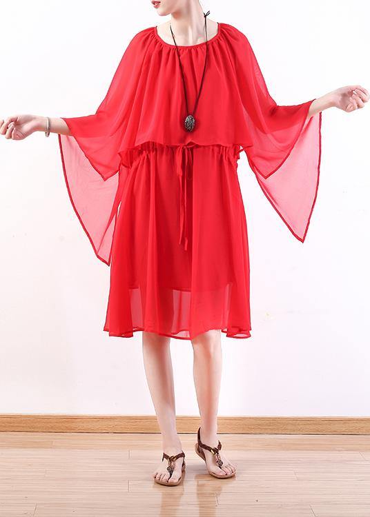 DIY red chiffon Wardrobes plus size Work o neck Batwing Sleeve Summer Dresses - bagstylebliss