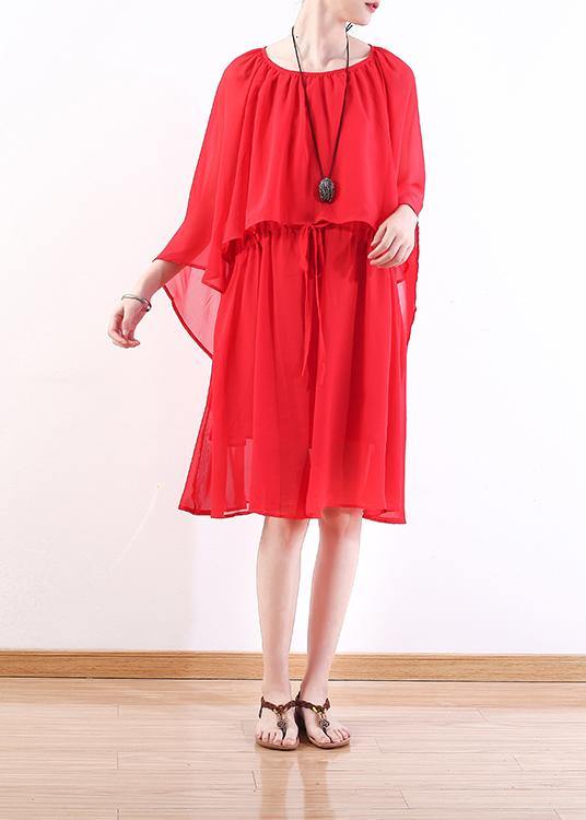 DIY red chiffon Wardrobes plus size Work o neck Batwing Sleeve Summer Dresses - bagstylebliss