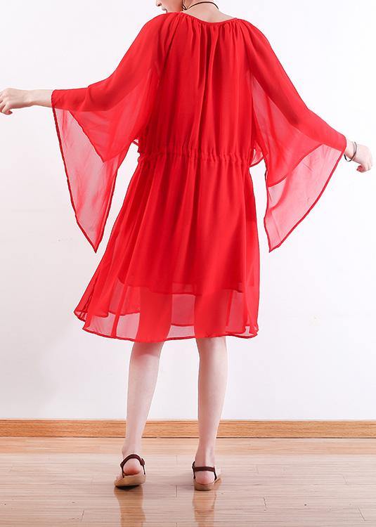 DIY red chiffon Wardrobes plus size Work o neck Batwing Sleeve Summer Dresses - bagstylebliss