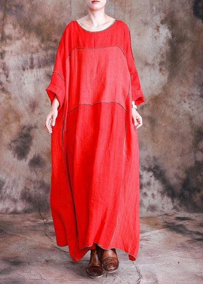 DIY red linen dresses patchwork loose fall Dresses - bagstylebliss