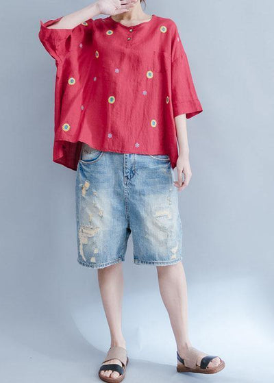 DIY red o neck cotton linen tunic pattern Photography embroidery summer shirts - bagstylebliss