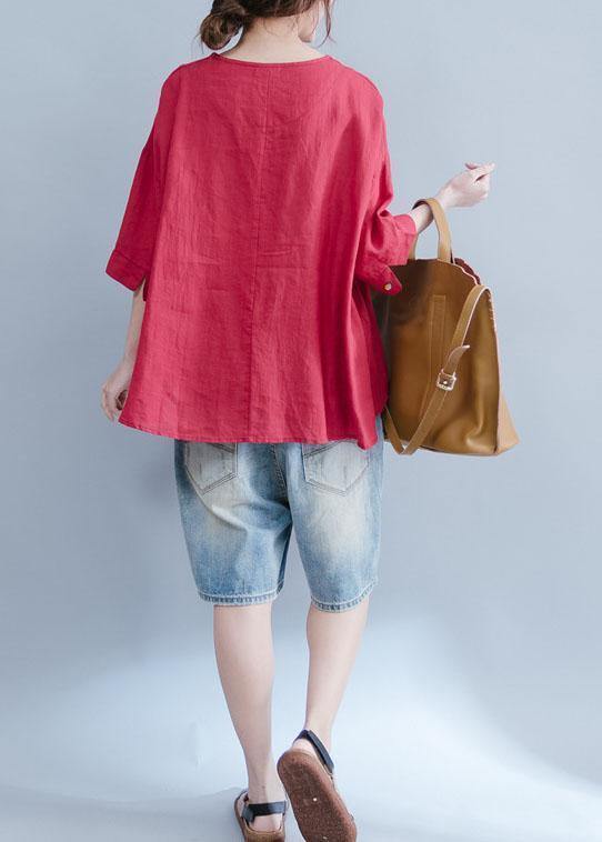 DIY red o neck cotton linen tunic pattern Photography embroidery summer shirts - bagstylebliss