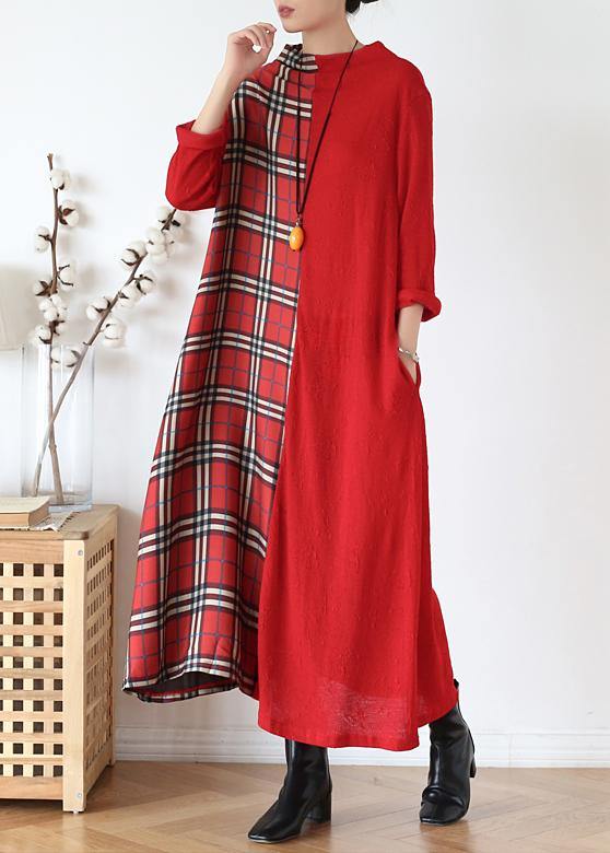 DIY red plaid clothes For Women high neck patchwork long fall Dresses - bagstylebliss
