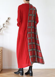 DIY red plaid clothes For Women high neck patchwork long fall Dresses - bagstylebliss