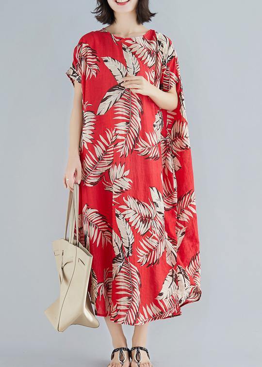 DIY red print linen cotton Soft Surroundings o neck pockets loose summer Dresses - bagstylebliss