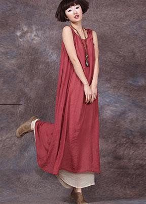 DIY red sleeveless linen clothes For Women false two pieces Maxi summer Dresses - bagstylebliss