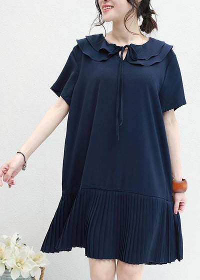 DIY ruffles Chiffon Tunics navy o neck daily summer Dresses - bagstylebliss