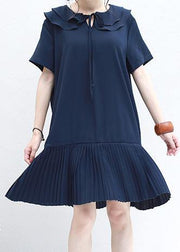 DIY ruffles Chiffon Tunics navy o neck daily summer Dresses - bagstylebliss