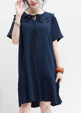 DIY ruffles Chiffon Tunics navy o neck daily summer Dresses - bagstylebliss