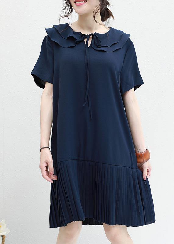 DIY ruffles Chiffon Tunics navy o neck daily summer Dresses - bagstylebliss