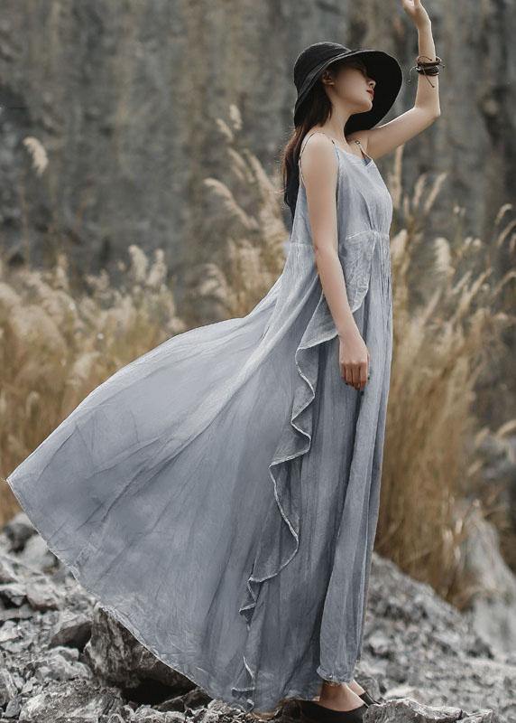 DIY ruffles side linen Long Shirts Sewing gray sleeveless Dresses summer - bagstylebliss
