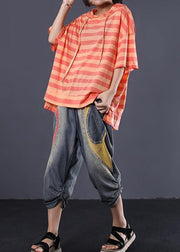 DIY short sleeve cotton tunic top Shape orange stripe shirts summer - bagstylebliss