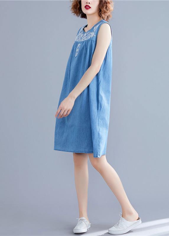 DIY sleeveless embroidery Cotton clothes Women Work denim blue Dresses summer - bagstylebliss