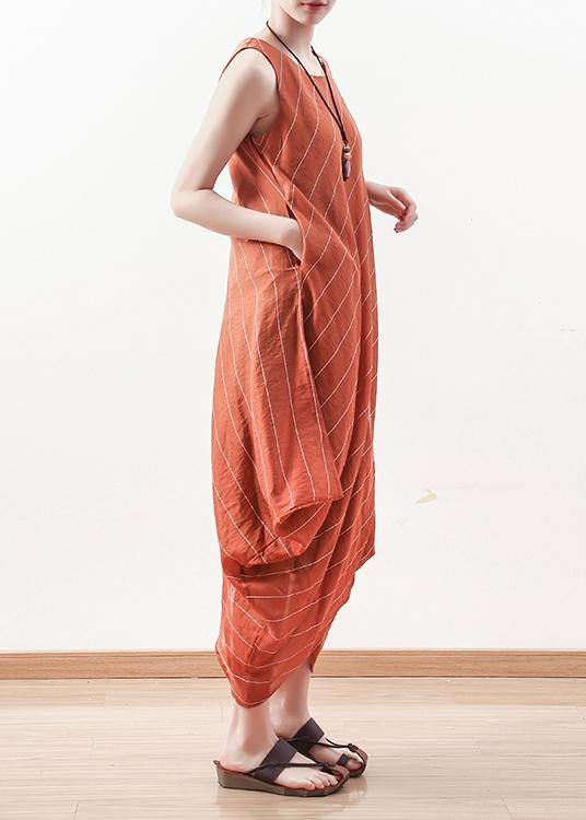 DIY sleeveless linen Long Shirts Inspiration orange o neck Dresses summer - bagstylebliss