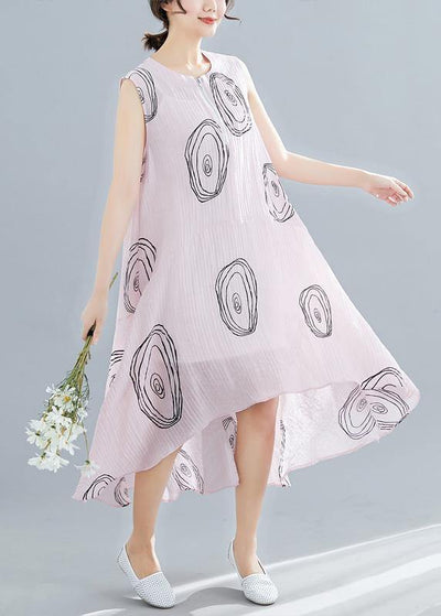 DIY sleeveless low high design linen Tunics Work Outfits pink print Dresses summer - bagstylebliss