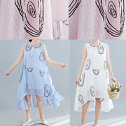 DIY sleeveless low high design linen Tunics Work Outfits pink print Dresses summer - bagstylebliss