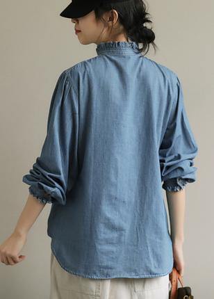 DIY stand collar Button Down top Fashion Ideas blue blouses - bagstylebliss