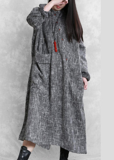 DIY stand collar asymmetric linen dresses pattern gray Plaid Dress - bagstylebliss