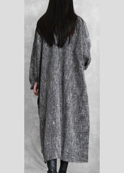 DIY stand collar asymmetric linen dresses pattern gray Plaid Dress - bagstylebliss