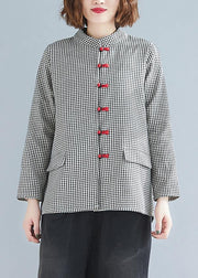 DIY stand collar pockets linen Blouse gray plaid top - bagstylebliss