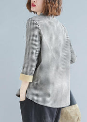 DIY stand collar pockets linen Blouse gray plaid top - bagstylebliss