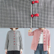 DIY stand collar pockets linen Blouse gray plaid top - bagstylebliss