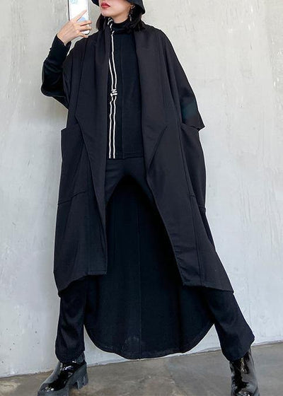DIY tie waist asymmetric Fashion coat for woman black Art coats - bagstylebliss