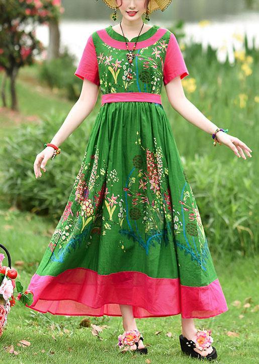 DIY tie waist patchwork cotton quilting dresses Runway green print Kaftan Dress summer - bagstylebliss