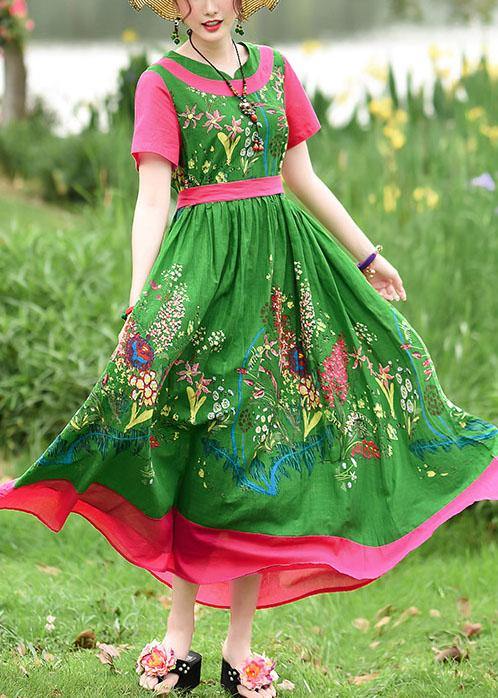DIY tie waist patchwork cotton quilting dresses Runway green print Kaftan Dress summer - bagstylebliss