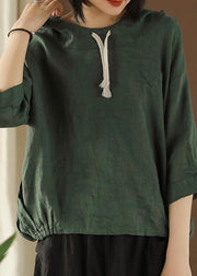 DIY tunic top Plus Size Linen Summer Literary army green Hooded Three Quarter Sleeve T-shirt - bagstylebliss