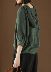 DIY tunic top Plus Size Linen Summer Literary army green Hooded Three Quarter Sleeve T-shirt - bagstylebliss