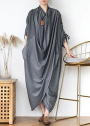 DIY v neck asymmetric cotton clothes Fabrics gray Maxi Dresses - bagstylebliss