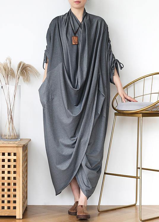 DIY v neck asymmetric cotton clothes Fabrics gray Maxi Dresses - bagstylebliss