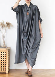 DIY v neck asymmetric cotton clothes Fabrics gray Maxi Dresses - bagstylebliss